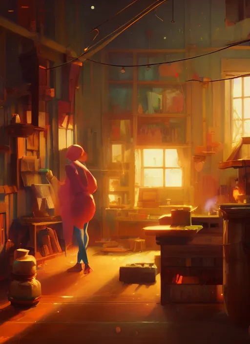 Image similar to beautiful interior of a cozy woodworker shop, james gilleard, delphin enjolras, goro fujita, makoto shinkai, paul lehr, volumetric lighting, exquisite lighting, octane render, very coherent, trending on artstation