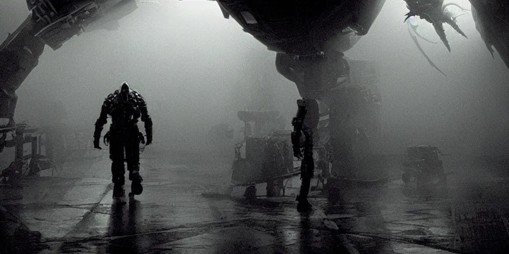 Image similar to a tight shot of a dark Alien ship interior corridor by Ridley Scott with lots of steam, Aliens movie, grainy, moody, dark, bleak