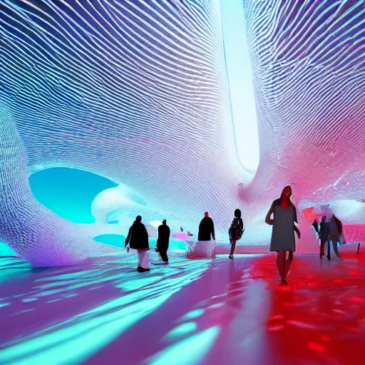 Prompt: ethereal realm, parametric flow, fractals, central shot, geometrical explosion, parametric architecture, artistic, models walking, people, crowd, red, blue, light neon, vray, octane render.