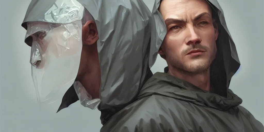 Image similar to european ( ( ( ( bald man ) ) ) ) dressed in raincoat, male, clear face, masculine, upper body, highly detailed, digital painting, artstation, concept art, matte, sharp focus, illustration, art by artgerm and greg rutkowski and alphonse mucha