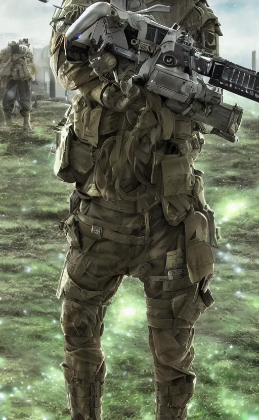 Prompt: girl, trading card front, future soldier clothing, future combat gear, realistic anatomy, war photo, professional, by ufotable anime studio, green screen, volumetric lights, stunning, military camp in the background, metal hard surfaces, generate realistic face, real eyes, strafing attack plane