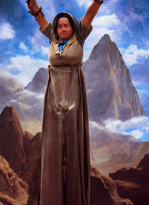 Image similar to incan female priest starring at the sky, with arms up, praying at the sky, realistic face, matte painting, fantasy art