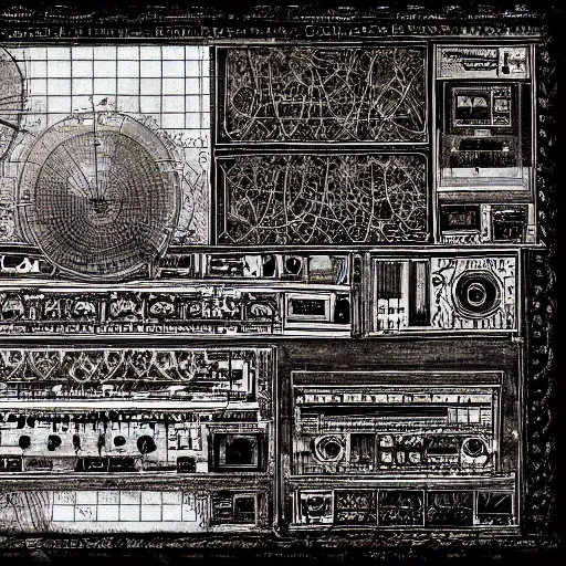 Image similar to electronic music instrument, music scores, da vinci, notebook page, high detail, intricate writing