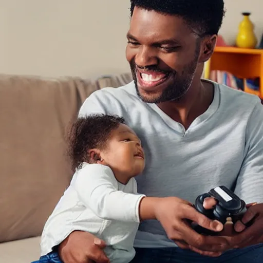 Image similar to man holding baby while playing his game console