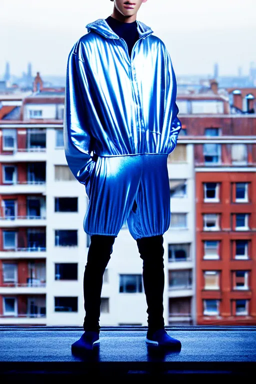 Image similar to un ultra high definition studio quality photographic art portrait of a young man standing on the rooftop of a british apartment building wearing soft baggy padded silver iridescent pearlescent clothing. three point light. extremely detailed. golden ratio, ray tracing, volumetric light, shallow depth of field. set dressed.