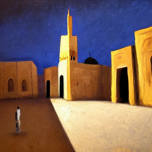 Prompt: Arab man near old mosque in old Arab city, dawn, 4k, oil painting style ,