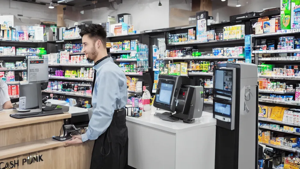 Prompt: cashpunk uninsurable convenience store robo - cashier