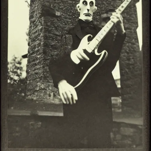 Image similar to vintage photograph of count orlok outside his castle, playing the blues on guitar, castle in the background, 4 k