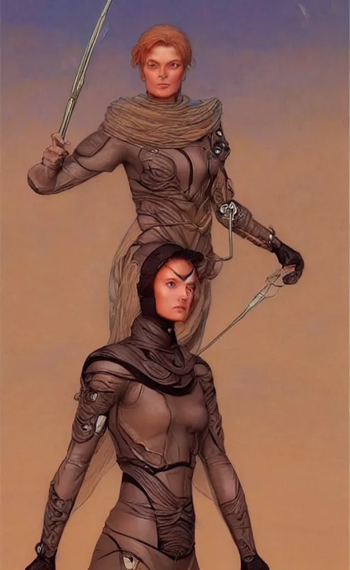 Image similar to beautiful female fremen on dune, by edgar maxence artgerm ross tran and michael whelan and gustav klimpt