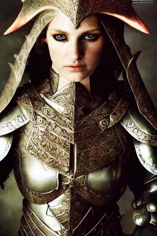 Prompt: head and shoulders portrait of an eldritch knight, elf, beautiful, female, breastplate, magical, high fantasy, d & d, by annie liebovitz, face details, extremely detailed, vogue fashion photo