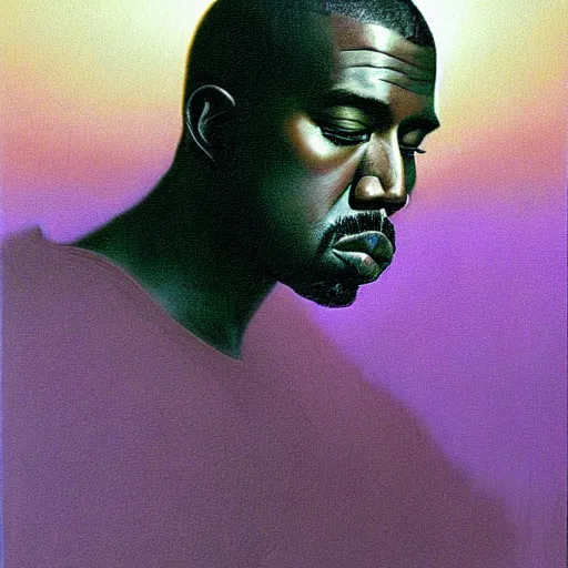 Image similar to kanye west as a zdzisław beksinski painting, surreal, godlike, neon purple shading