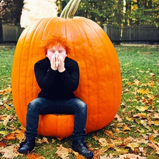 Image similar to Ed Sheeran crying trapped inside a pumpkin