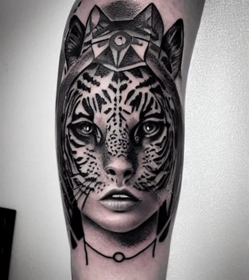 Image similar to tattoo design of a beautiful girl warrior under a tiger head, hyper realistic, realism tattoo, by eliot kohek, beautiful eyes, realistic face, black and white, white background