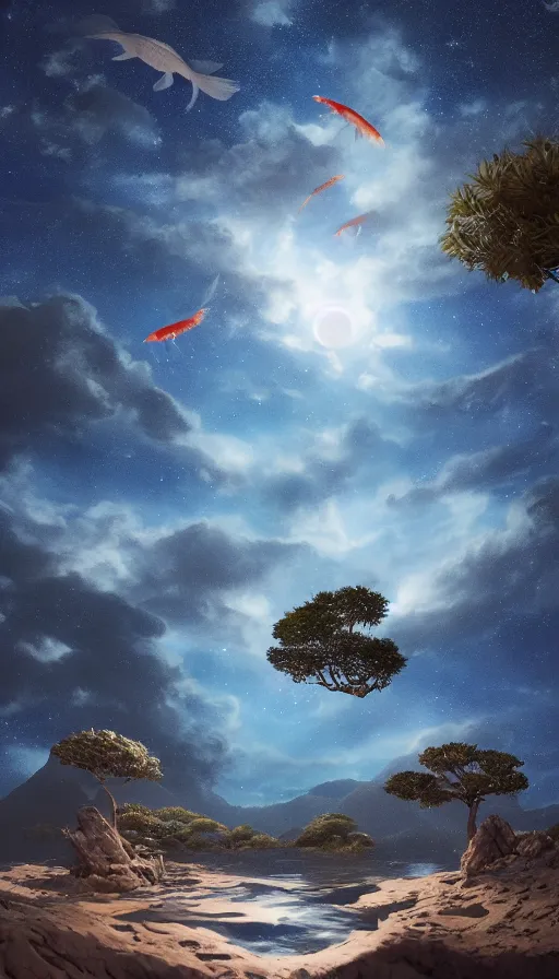 Image similar to koi fish swimming in the sky over moonlit socotra island with dragon trees, starry night, sharp focus, wide shot, trending on artstation, masterpiece, by greg rutkowski, by ross tran, by fenghua zhong, octane, soft render, ultrarealistic, colorful, cinematic, shadow of the tomb rider