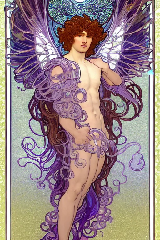 Image similar to full figure art nouveau window depicting a beautiful young fit male angel with curly blond hairs, dressed with fluent clothes, majestic wings, luminous halo, by alfons mucha, d & d character, gradient white to gold, in front of an iridescent background, highly detailed portrait, digital painting, artstation, concept art, smooth, sharp focus, illustration, artstation hq