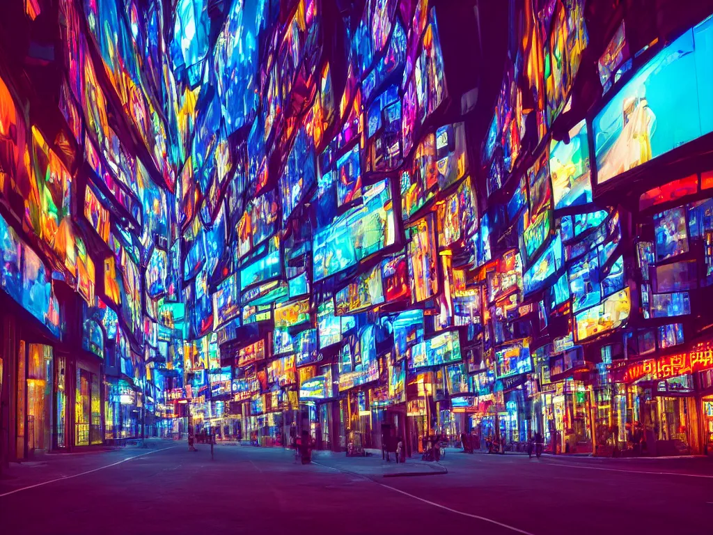 Image similar to streets with curved translucent screens projecting detailed art ( 2 0 4 2 ), large colorful images, pixel perfect photograph, high contrast, volumetric lighting, thin glowing lights, chair, users, pair of keys