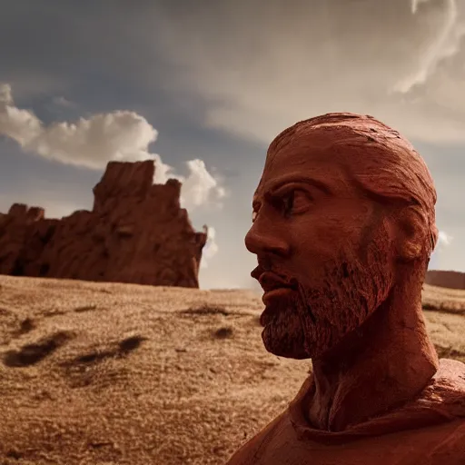 Image similar to cinematic still of a gust of wind blowing red clay sculpture of 30 year old middle eastern man head and shoulders in a human head and shoulders, strong, muscular, mysterious, fantastical, miraculous, epic, light rays, cinematic, Biblical epic directed by Steven Spielberg