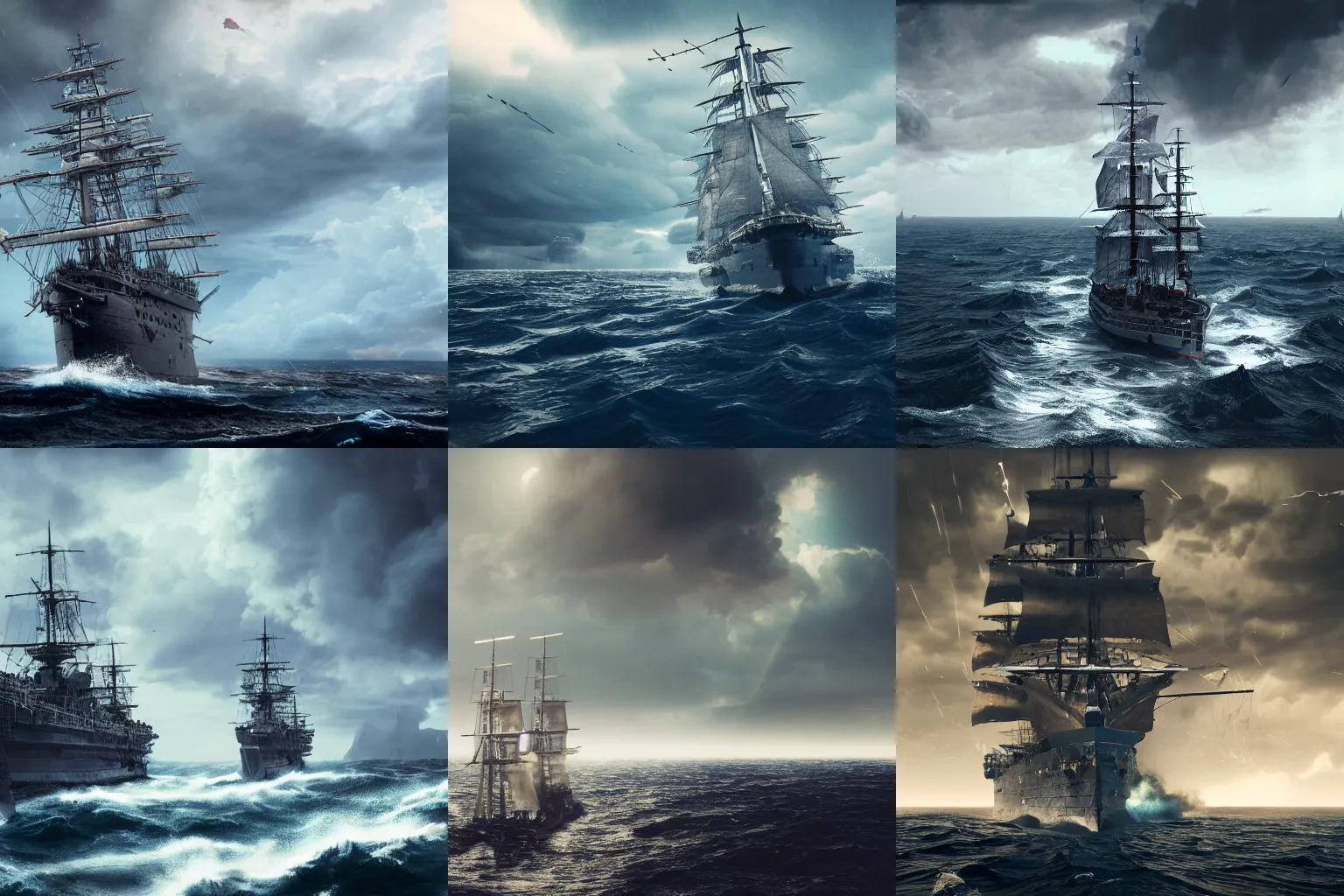 Prompt: a age of sail battleship of the line sailing on rough seas, epic dark towering thunderclouds in the background, intricate details, intricate textures, blue tint, realistc octane render, hyper realistic render, volumetric shading, depth of field, soft lighting, 8k