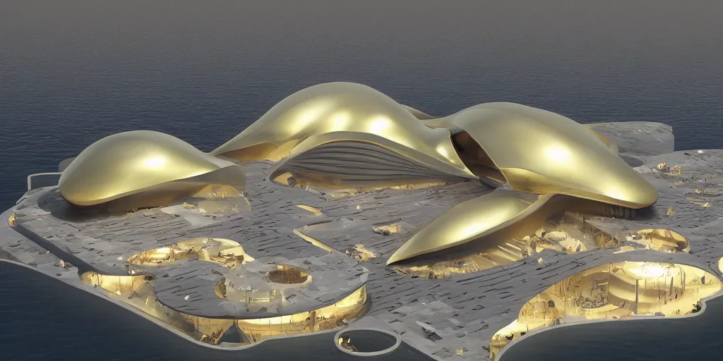 Image similar to mosque floating spaceship by zaha hadid, golds fantasy world