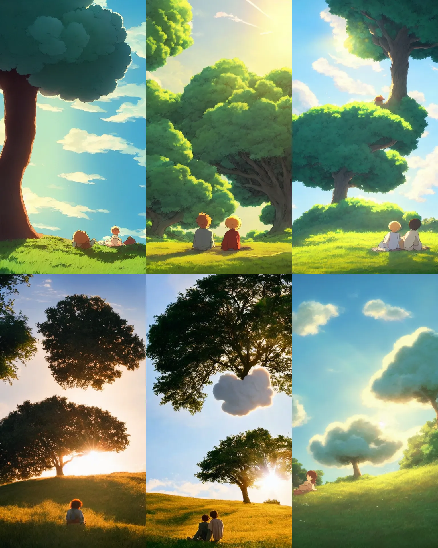 Prompt: a single gigantic fluffly cloud in the style of ghibli at sunset over a grassy hill with a gentle breeze, flock of white birds high in the sky, a couple rests in the shadow of a lone single wide oak, discreet lensflare and sunflare and bloom, low angle, by makoto shinkai