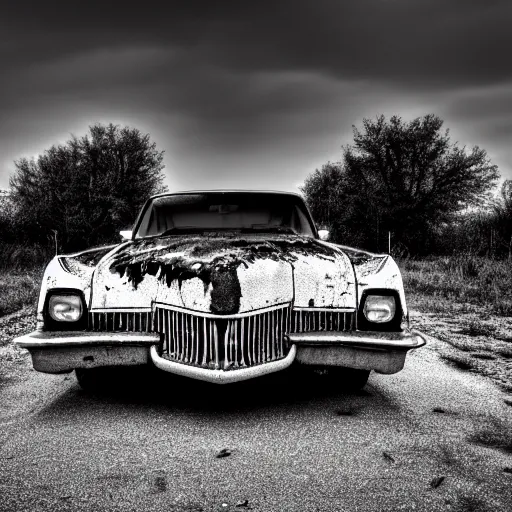 Image similar to black and white press photograph of a rusted abandoned buick riviera on an empty abandoned city street, full view, detailed, natural light, mist, film grain, soft vignette, sigma 5 0 mm f / 1. 4 1 / 1 0 sec shutter, imax 7 0 mm footage