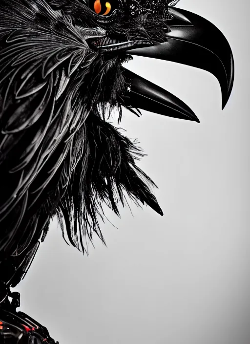 Prompt: a stunning young female crow mixed cyborg profile face, face is made intricate tribal bio - mechanical, editorial photography, bw, shot on 7 0 mm, depth of field, f / 2. 8, high contrast, 1 6 k, volumetric lighting, shiny, insanely detailed and intricate, hypermaximalist, elegant, ornate, hyper realistic, super detailed