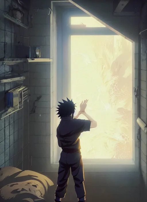 Image similar to highly detailed prison cell with naruto uzumaki with black hair, metal bars in window, powerfully hitting a wall, art by greg rutkowski, loish, rhads, ferdinand knab, makoto shinkai and lois van baarle, ilya kuvshinov, rossdraws, tom bagshaw, global illumination, radiant light, detailed and intricate environment