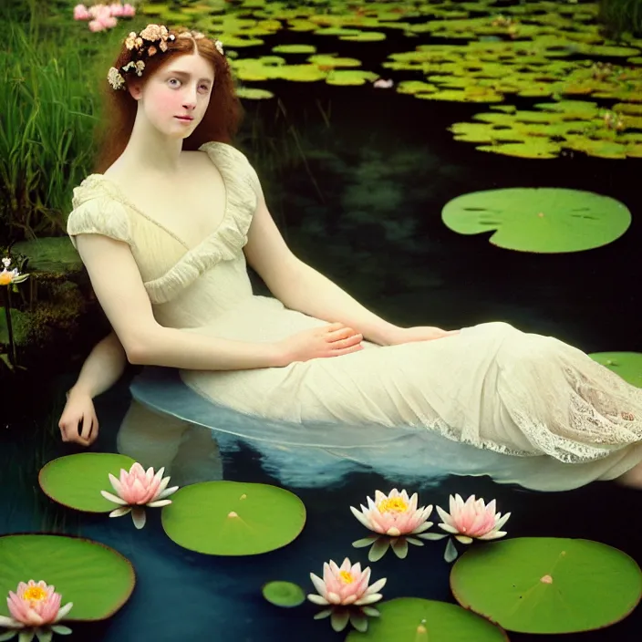 Image similar to Kodak Portra 400, 8K, soft light, volumetric lighting, highly detailed, britt marling style 3/4 ,portrait photo of a beautiful woman how pre-Raphaelites painter, with her face emerging from the water of a pond with water lilies, a beautiful lace dress and hair are intricate with highly detailed realistic beautiful flowers , Realistic, Refined, Highly Detailed, natural outdoor soft pastel lighting colors scheme, outdoor fine art photography, Hyper realistic, photo realistic
