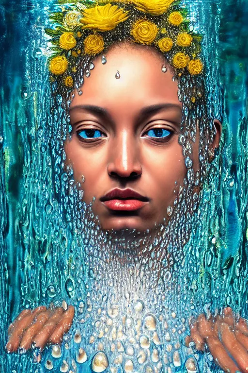 Image similar to hyperrealistic precisionist cinematic profile very expressive! oshun goddess, in water! john everett millais, mirror dripping droplet!, gold flowers, highly detailed face, digital art masterpiece, smooth eric zener cam de leon, dramatic pearlescent turquoise light on one side, low angle uhd 8 k, shallow depth of field