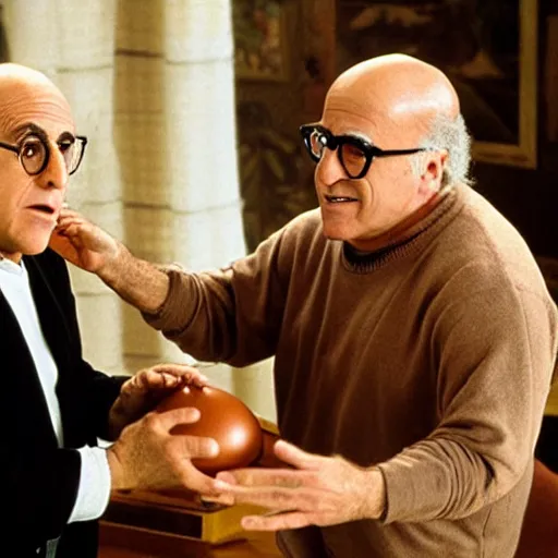 Image similar to danny devito and larry david fighting over a chair shaped like an egg, renaissance still life painting, masterpiece, realistic light and shadow