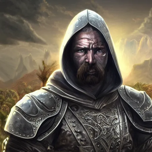 Image similar to unknown the elder scrolls vi hammerfall, battle hardened imposing male redguard character portrait partially clothed in hooded metal - plated exquisitely detailed hooded battle armour, desert, tropical jungle setting, atmospheric lighting, painted, intricate, volumetric lighting, beautiful, rich deep colours masterpiece, sharp focus, ultra detailed