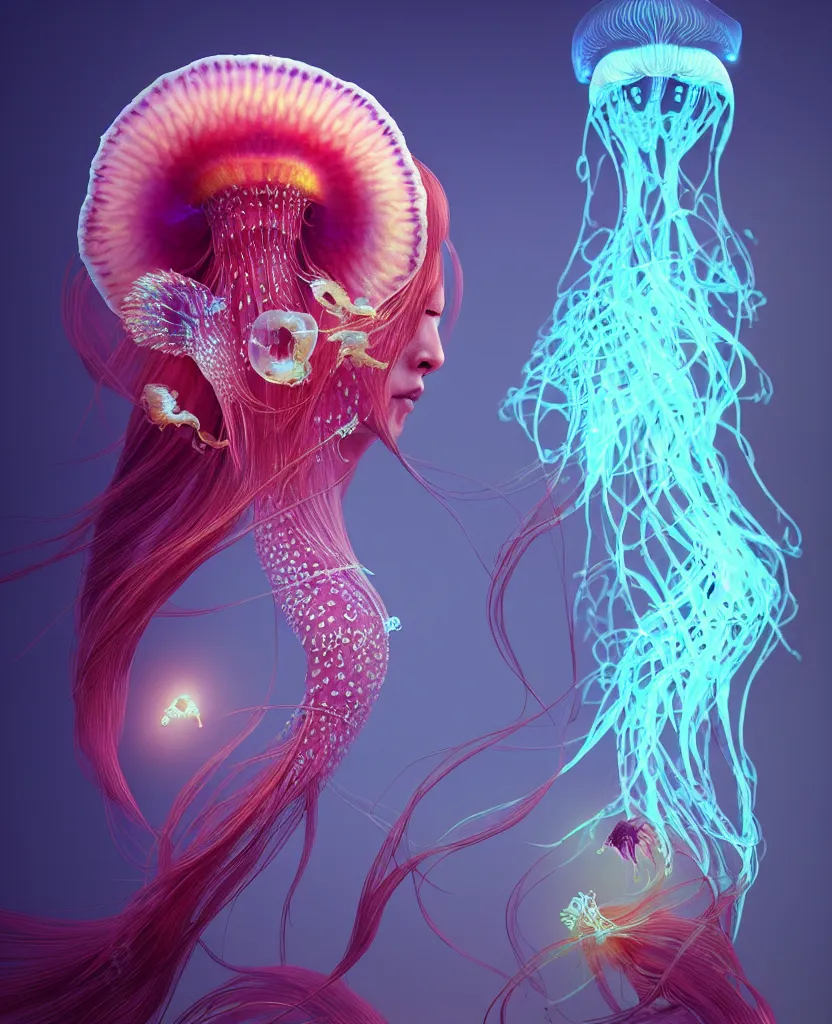 Image similar to goddess close-up portrait. orchid jellyfish phoenix head, nautilus, skull, betta fish, bioluminiscent creatures, intricate artwork by Tooth Wu and wlop and beeple. octane render, trending on artstation, greg rutkowski very coherent symmetrical artwork. cinematic, hyper realism, high detail, octane render, 8k