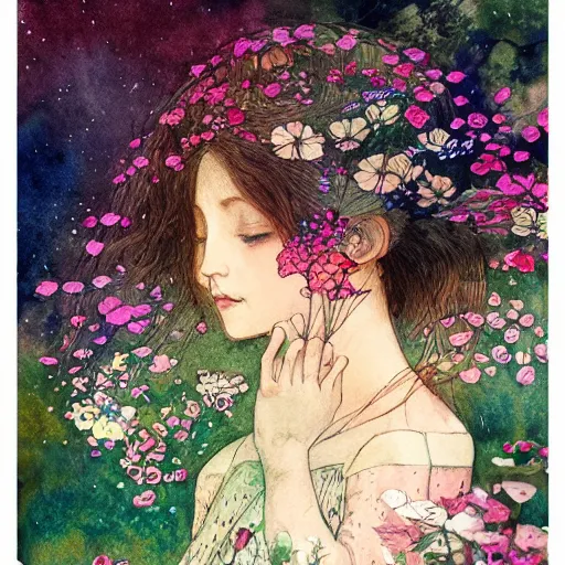 Image similar to a beautiful intricate watercolor illustration of a dreaming girl with flowers, leaves, 4 k, ultra - wide angle, by william turner, by victo ngai, by gustav klimt, hd, trending on artstation, hyper detailed, muted intense colors