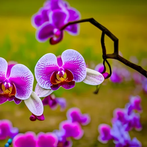 Prompt: Colorful orchid flower blossoming in field of flowers, climax, overwhelming, brilliant, cinematic, epic, 8k, sharp focus, color grain 35mm, tilt-shift, dslr, high detail