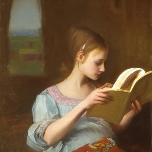 Image similar to a girl reading a book, her hair flowing down, subtle, intricate details, real masterpiece, oil on canvas, by john smith