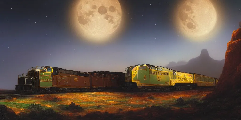 Image similar to very detailed and perfectly readable fine and soft relevant out of lines soft edges painting by beautiful walt disney animation films of the late 1 9 9 0 s and thomas cole in hd, we see a scrapped train in the middle of a lunar landscape, nice lighting, perfect readability, uhd upscale