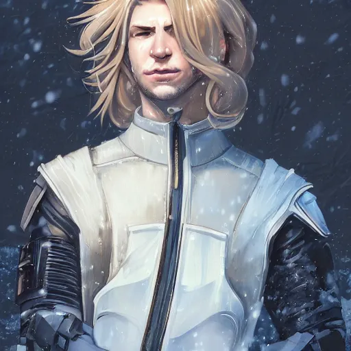 Image similar to portrait of the pale blond MALE soldier Lucius, long curly blond hair, jagged black cyberpunk armor, he is in imperial russian city streets covered in snow, sci fi, night time, ambient lighting, 4k, anime key visual, lois van baarle, ilya kuvshinov, rossdraws, artstation