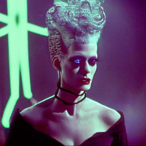 Image similar to cinematic portrait of bride of frankenstein as a replicant in a nightclub, frightened and angry, ready to fight, still from the movie bladerunner, fashion photography, a neon sign is in the background