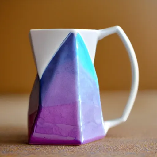 Prompt: tall icosahedron triangle ceramic mug with pink and purple pearlescent glaze