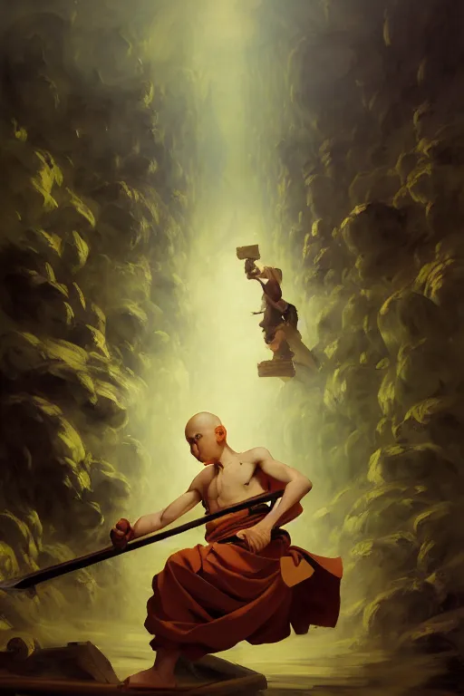 Image similar to baroque oil painting of key visual portrait concept art of anime monk fighting with a wood weapon in a dungeon, brutalist, dark fantasy, rule of thirds golden ratio, fake detail, trending pixiv fanbox, acrylic palette knife, style of makoto shinkai studio ghibli genshin impact jamie wyeth james gilleard greg rutkowski chiho aoshima