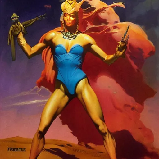 Image similar to princess of mars but with gal godot, photorealistic painting by frank frazetta and boris vallejo