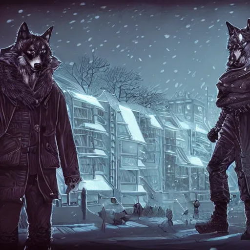 Prompt: winterfell cyberpunk wolves trending on arstation