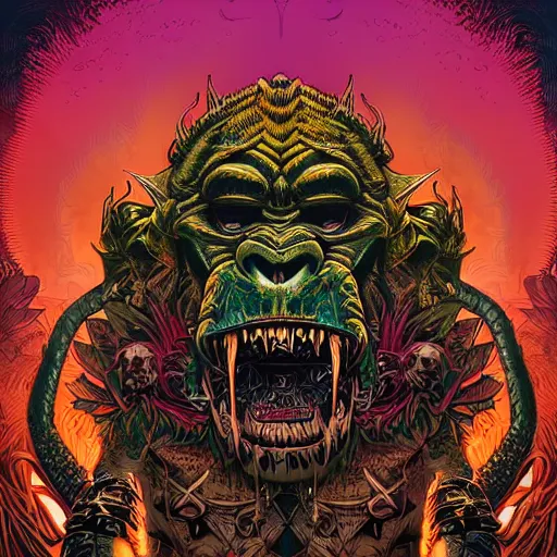 Prompt: barong family member, wiwek, mara demon, one single tribe member, jungle, one single mask, dark, ancient warrior, gorilla, lizard, tribal, inner glow, art by derek riggs and dan mumford and justin gerard