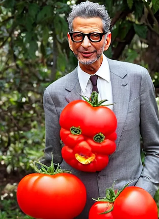 Image similar to jeff goldblum in a tomato outfit