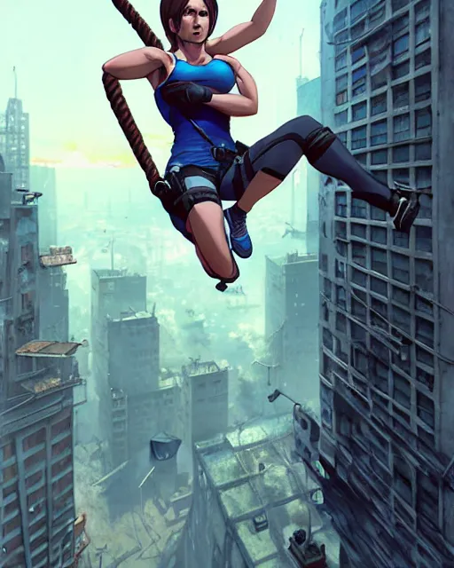 Image similar to gigachad jill valentine bodybuilder swinging from a building with a rope in racoon city, fantasy character portrait, ultra realistic, anime key visual, full body concept art, intricate details, highly detailed by greg rutkowski, ilya kuvshinov, gaston bussiere, craig mullins, simon bisley