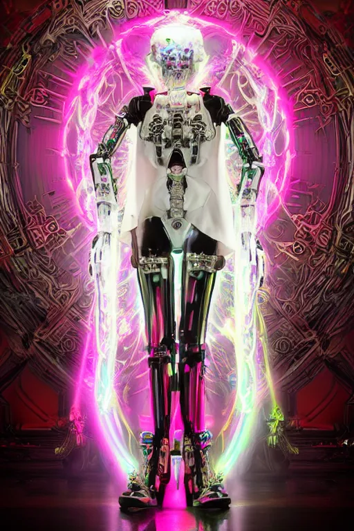 Image similar to full-body baroque and bladerunner style pink neon statue of a beautiful pale mech robot goddess humanoid dancing sim roupa, glowing white face, street hoody of red steampunk lasers, emeralds, swirling silver silk fabric. futuristic elements. prismatic liquid rainbow light, full-length view. space robots. human skulls. throne made of bones, intricate artwork by caravaggio. Trending on artstation, octane render, cinematic lighting from the right, hyper realism, octane render, 8k, depth of field, 3D