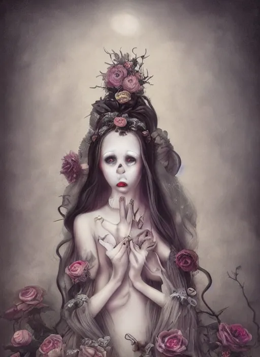 Image similar to pop surrealism, lowbrow art, realistic cute bride ghost girl painting, japanese street fashion, hyper realism, muted colours, rococo, natalie shau, loreta lux, tom bagshaw, mark ryden, trevor brown style,