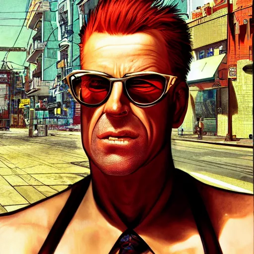 Image similar to [UHD Professor Duke Nukem as a GTA character on the streets of futuristic laserpunk Las Vega, correct face, intricate facial details, symmetrical face, elegant, graphic detail, digital painting, trending on artstation, concept art, tonalism, sharp focus, illustration, art by Akira Toriyama and Greg Rutkowski and Alphonse Mucha]
