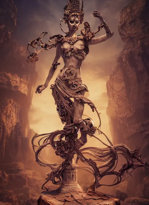 Image similar to Fine Art photo of goddess of the Dead,hyper detailed, character concept, full body, dynamic pose+intricate, hyper realistic, zbrush, epic perspective, octane render, volumetric light, cinematic lighting, cinematic detail, composition, photorealistic, render in unreal engine 5, 8k render, ultra detailed technical precision, rule of third, epic scene,4k