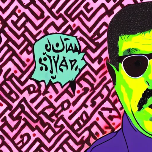 Prompt: omar souleyman in the style of daniel johnston and outsider art, 4k, overlaid with arabic text